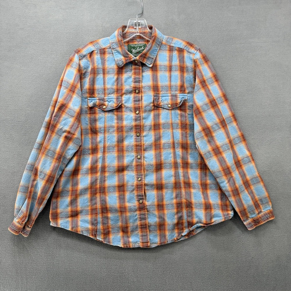 Woolrich Snap Button Down Shirt Womens Petite Large Blue Orange Plaid Jacquard